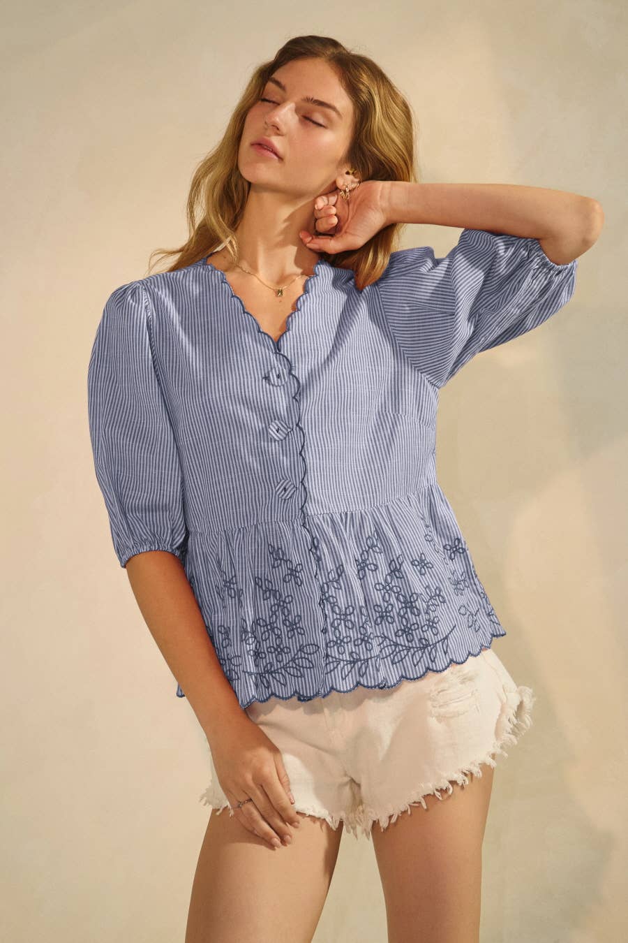 Oddi - Striped Peplum blouse with embroider detail