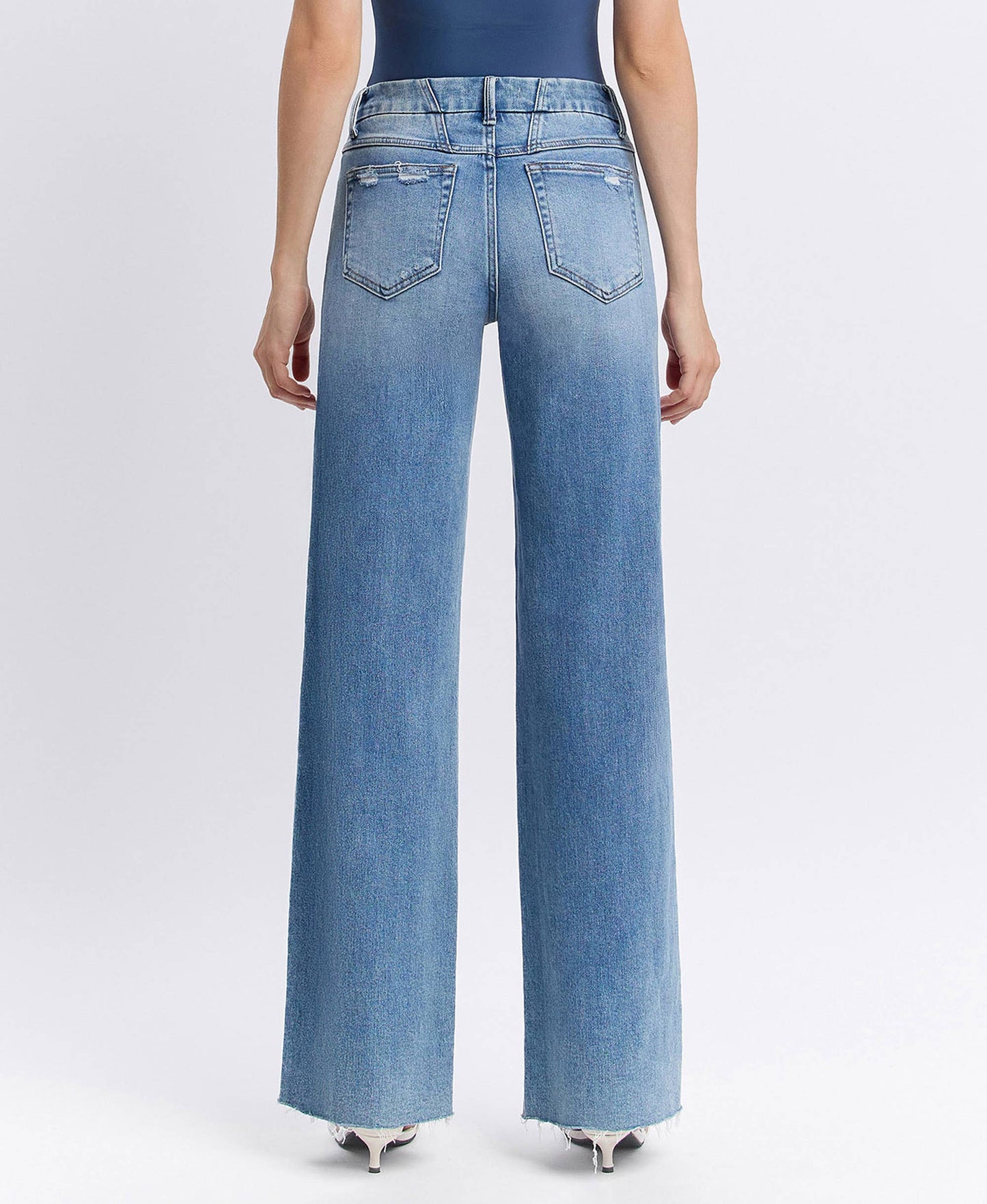 VERVET by FLYING MONKEY - MID RISE MEDIUM WASH CLEAN CUT RAW HEM WIDE JEANS T6017N