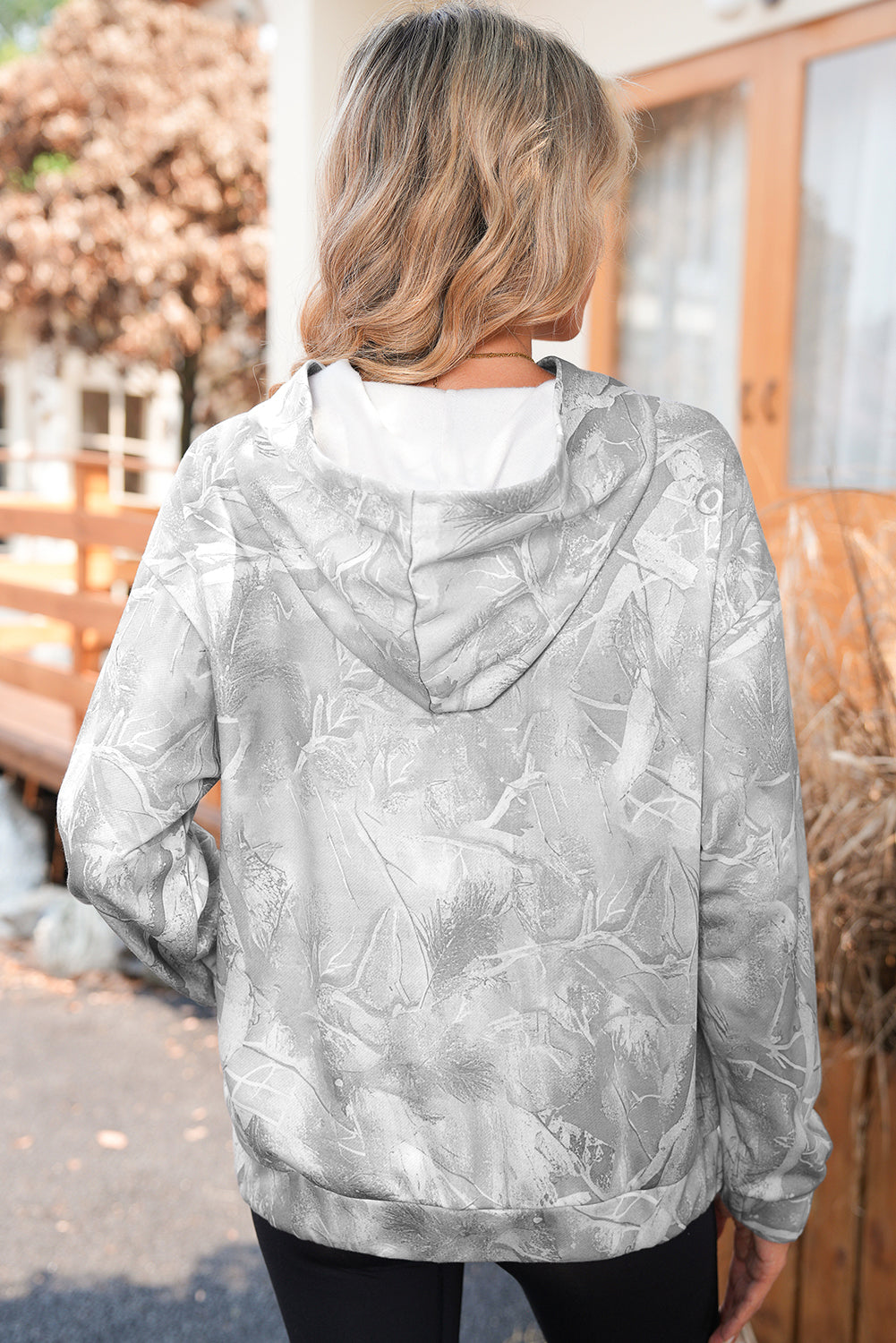 Gray Camouflage Maple Leaf Print Kangaroo Pocket Oversized Hoodie