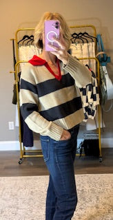 By Together - W2219 | Knit Sweater Pullover Top with Contrast Collar