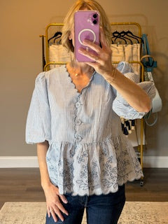 Oddi - Striped Peplum blouse with embroider detail