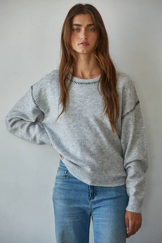 By Together - W2103 | Knit Sweater With Contrast Stitches Detail