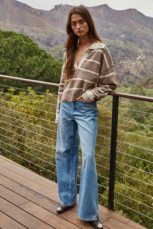 By Together - W1337 | Knit Sweater Striped Collar V-Neck Long Sleeve Top