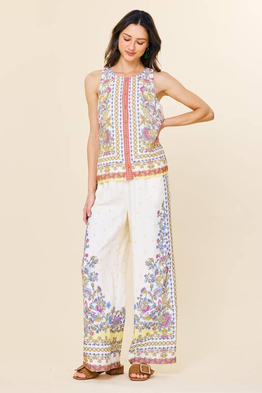 SKIES ARE BLUE - Border Print Wide Leg Pants