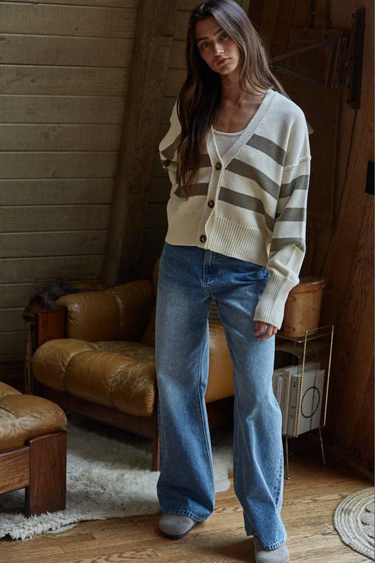By Together - W1537 | Knit Sweater Striped Button Down Cardigan