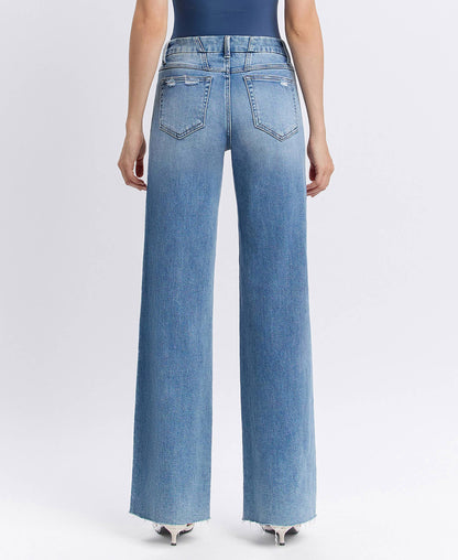 VERVET by FLYING MONKEY - MID RISE MEDIUM WASH CLEAN CUT RAW HEM WIDE JEANS T6017N