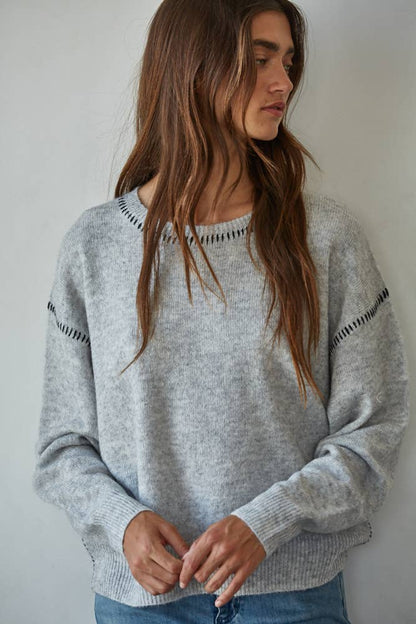 By Together - W2103 | Knit Sweater With Contrast Stitches Detail
