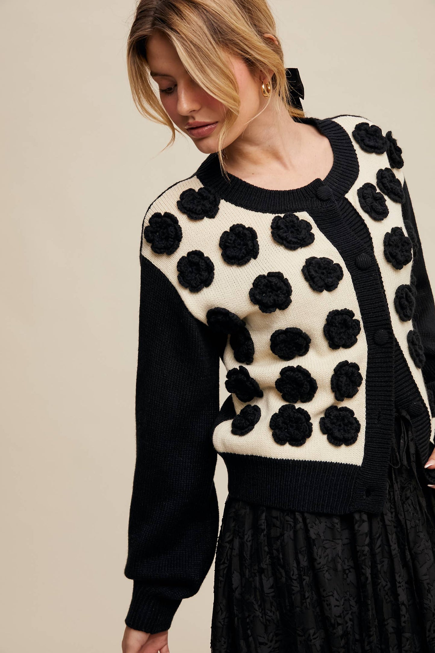 Listicle - Handmade Rose Applique Knit Cardigan