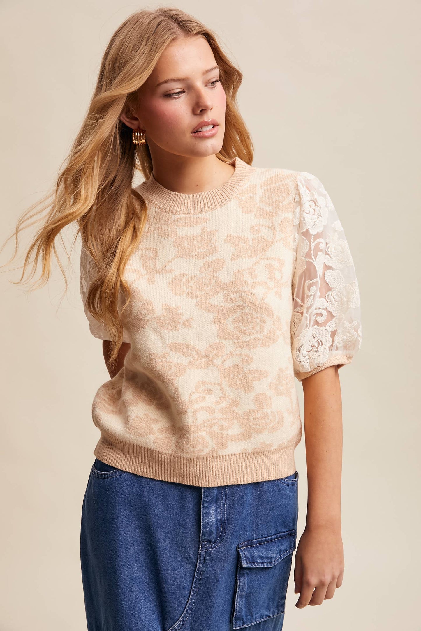 Listicle - Rose Embroidered Contrast Knit Top LSW1038
