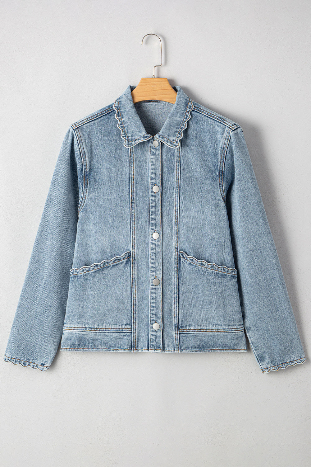 Myosotis Scallop Trim Collar Pocket Button Up Denim Jacket
