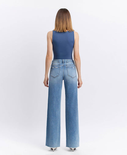 VERVET by FLYING MONKEY - MID RISE MEDIUM WASH CLEAN CUT RAW HEM WIDE JEANS T6017N