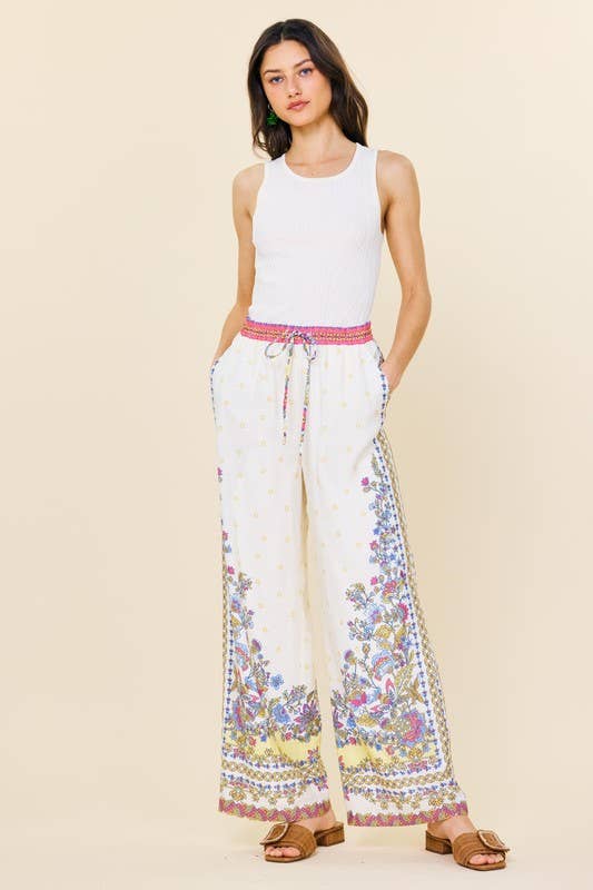 SKIES ARE BLUE - Border Print Wide Leg Pants