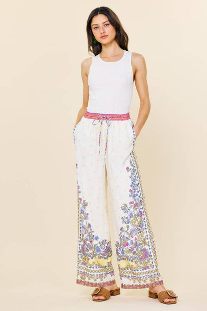 SKIES ARE BLUE - Border Print Wide Leg Pants
