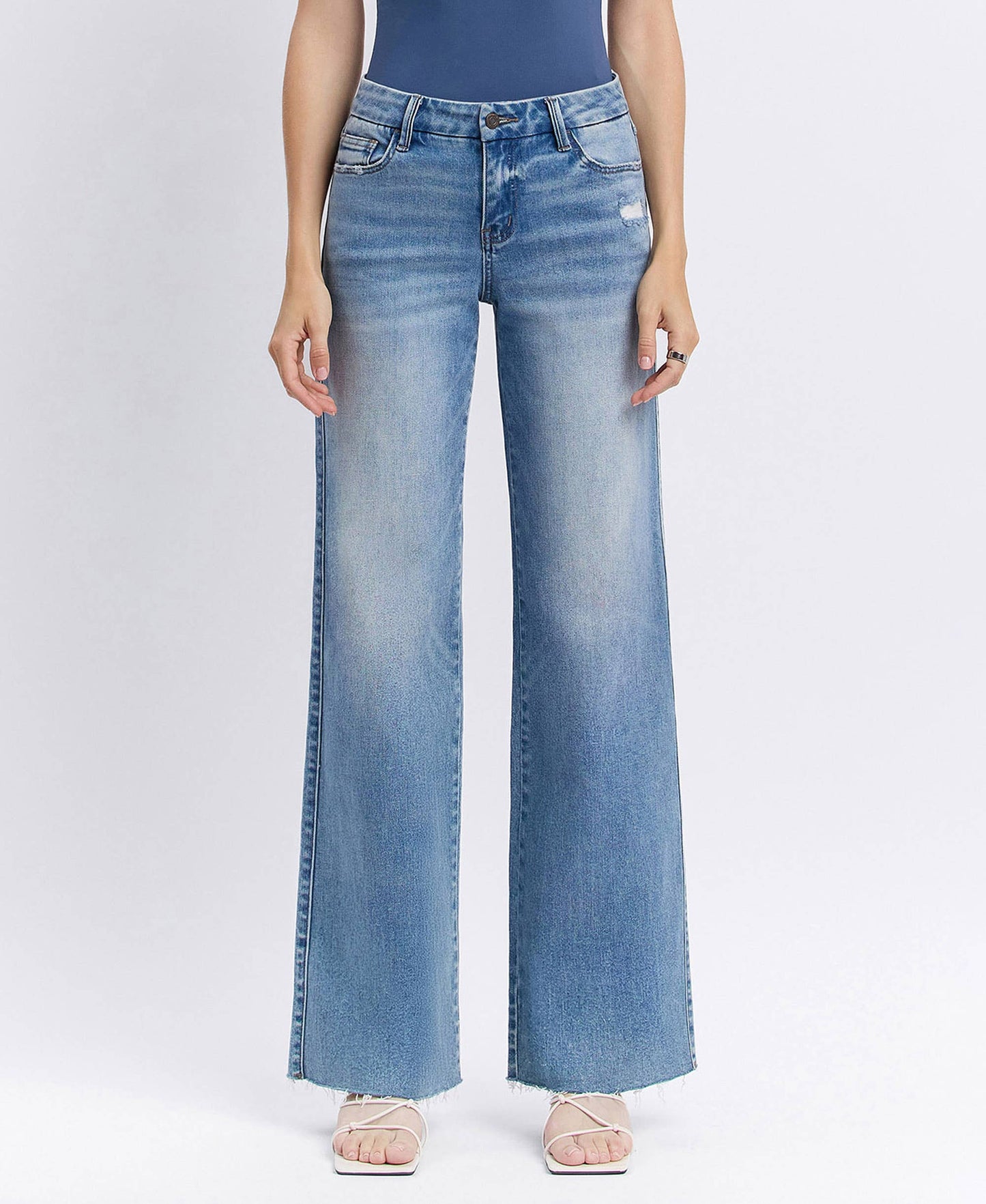 VERVET by FLYING MONKEY - MID RISE MEDIUM WASH CLEAN CUT RAW HEM WIDE JEANS T6017N