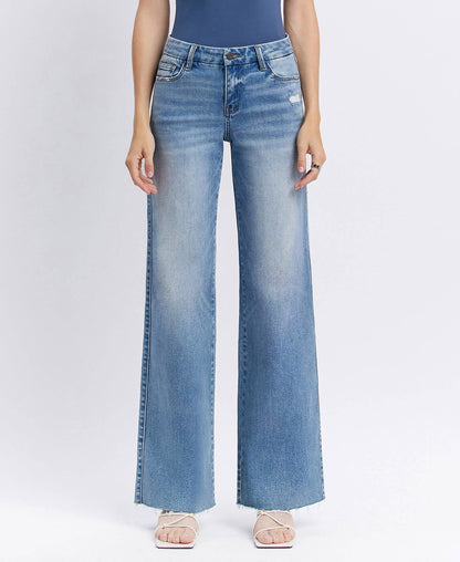 VERVET by FLYING MONKEY - MID RISE MEDIUM WASH CLEAN CUT RAW HEM WIDE JEANS T6017N