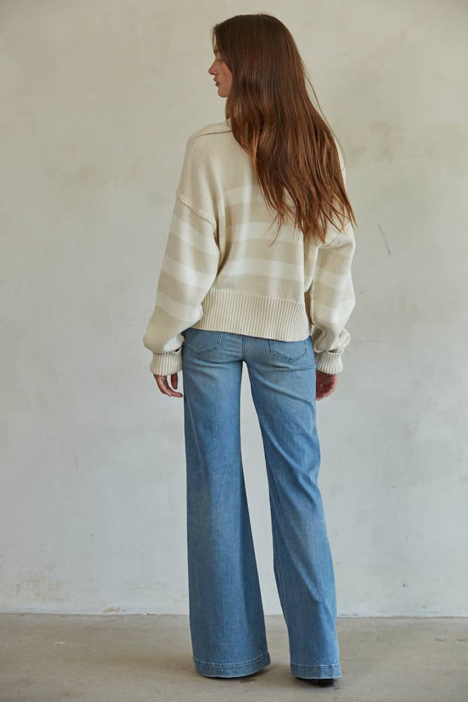 By Together - W1537 | Knit Sweater Striped Button Down Cardigan