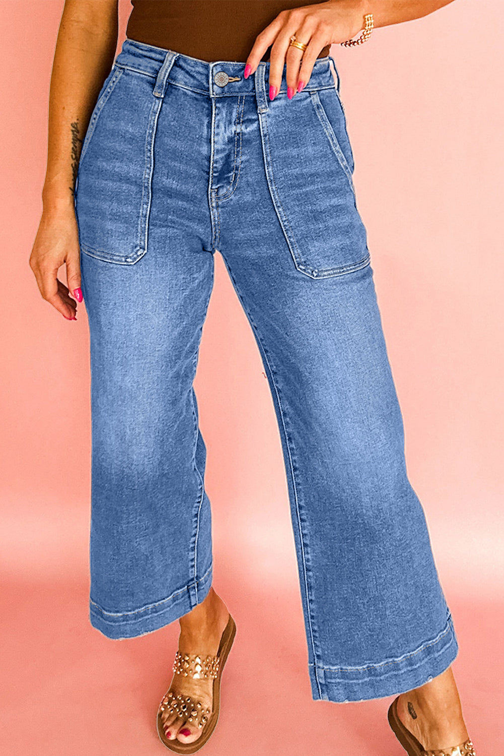 Sky Blue Cropped High Rise Wide Leg Jeans