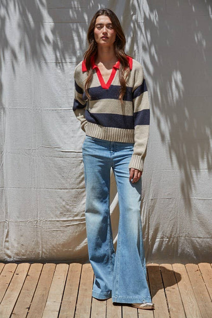 By Together - W2219 | Knit Sweater Pullover Top with Contrast Collar