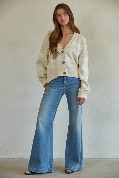 By Together - W1537 | Knit Sweater Striped Button Down Cardigan