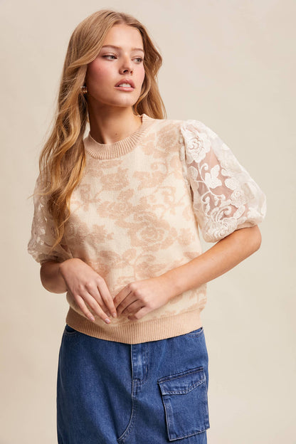 Listicle - Rose Embroidered Contrast Knit Top LSW1038