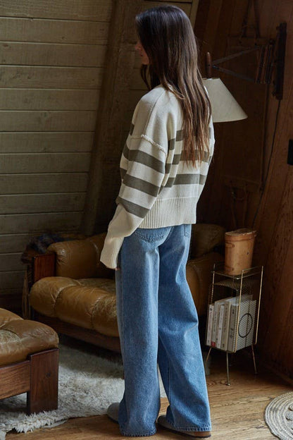 By Together - W1537 | Knit Sweater Striped Button Down Cardigan