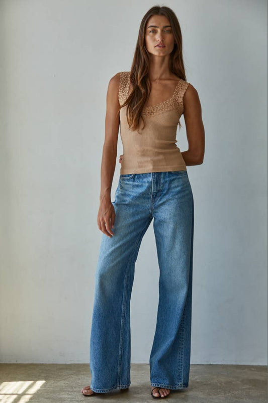 By Together - S1217N | Knit Seamless Ribbed Tank Top with Lace Trim