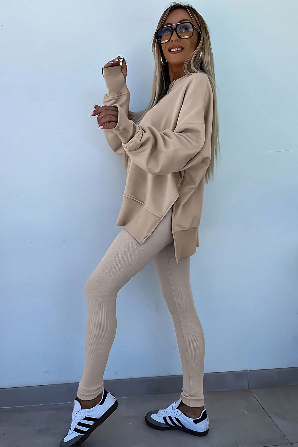 Green Bay Solid Color Oversize Slit Sweatshirt Ribbed Leggings Set