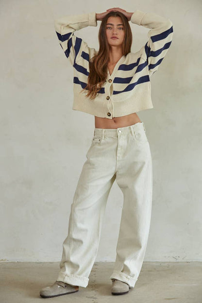 By Together - W1537 | Knit Sweater Striped Button Down Cardigan