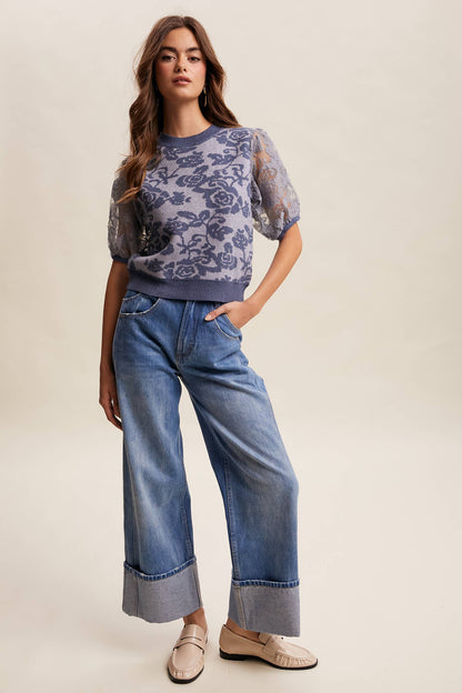 Listicle - Rose Embroidered Contrast Knit Top LSW1038