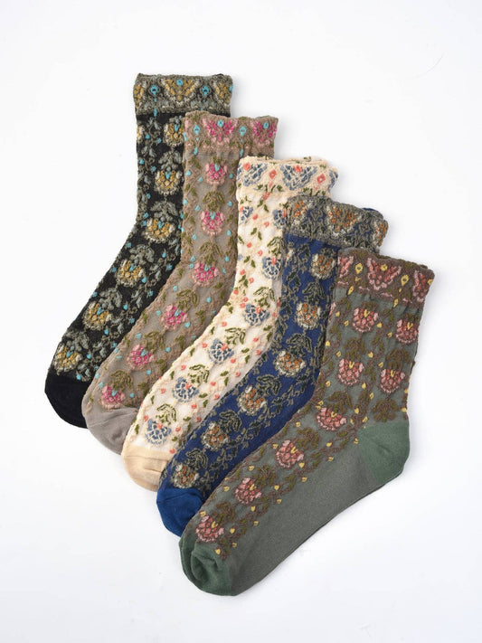 Funkyrel® Atzbranding Limited - Rufia - Embossed Vintage Floral Mid-Calf Socks