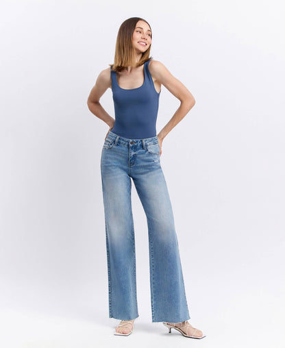 VERVET by FLYING MONKEY - MID RISE MEDIUM WASH CLEAN CUT RAW HEM WIDE JEANS T6017N