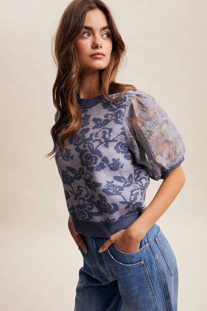 Listicle - Rose Embroidered Contrast Knit Top LSW1038