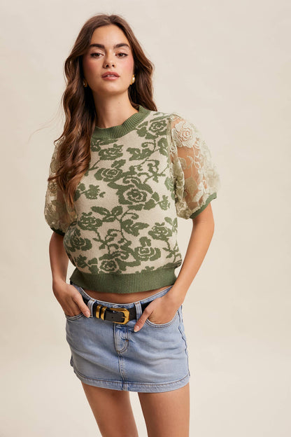 Listicle - Rose Embroidered Contrast Knit Top LSW1038