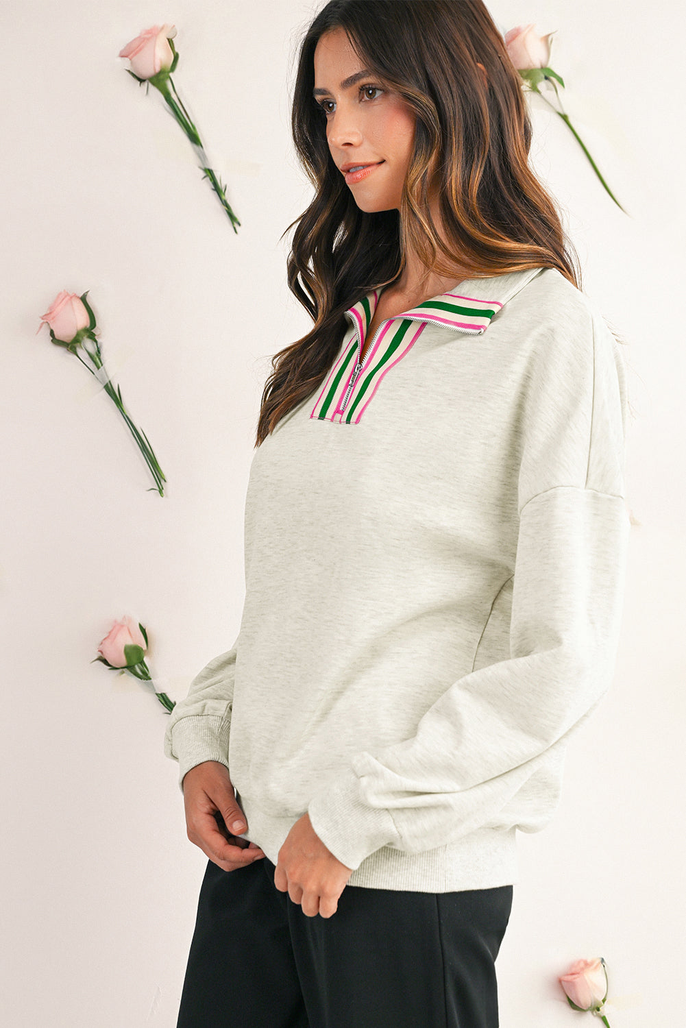 Light Grey Pop of Color Collared Patchwork Pullover Sweatshirt