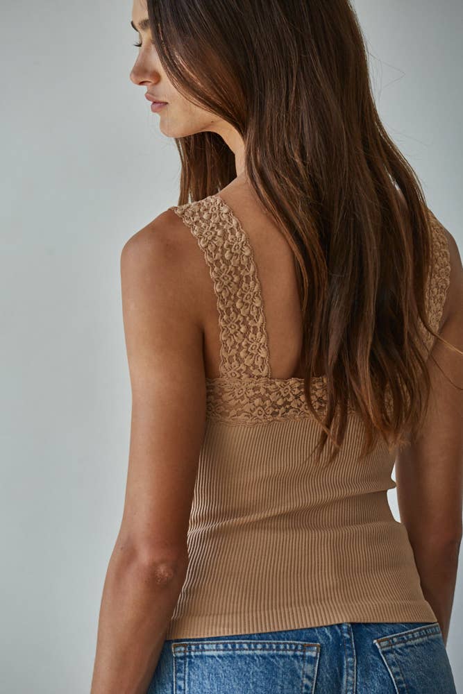 By Together - S1217N | Knit Seamless Ribbed Tank Top with Lace Trim