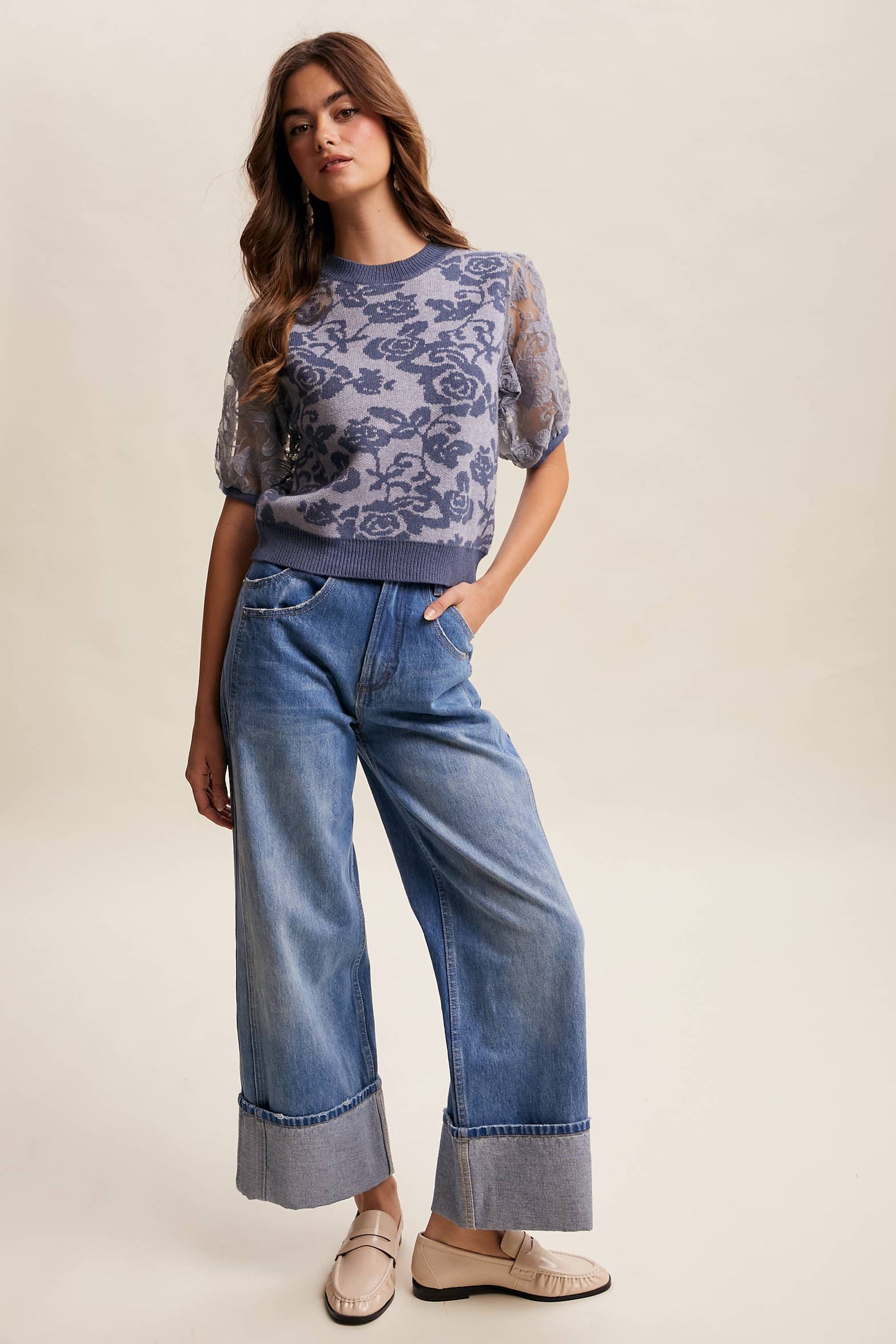 Listicle - Rose Embroidered Contrast Knit Top LSW1038