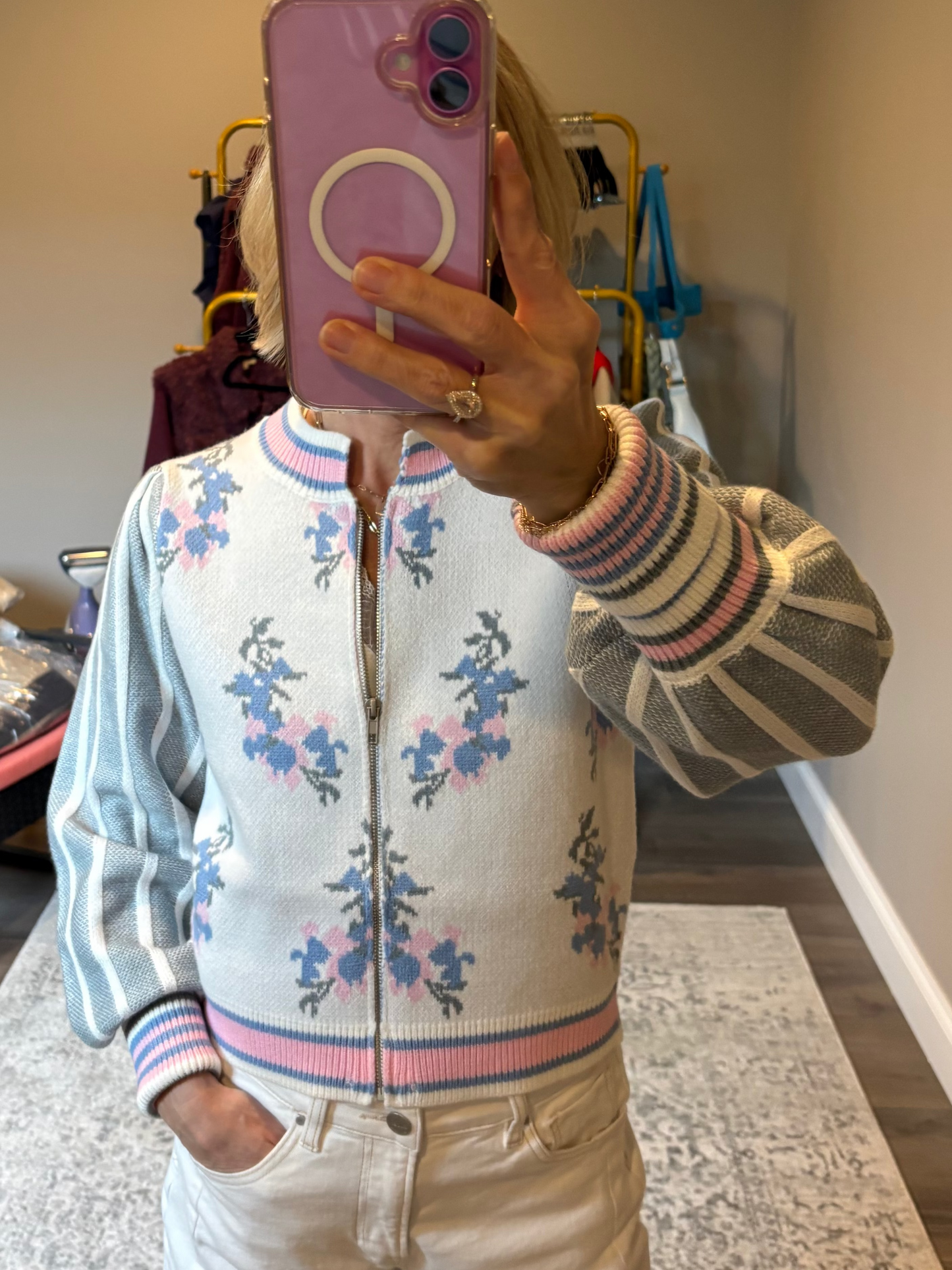Mystree - Floral Sweater Bomber Jacket