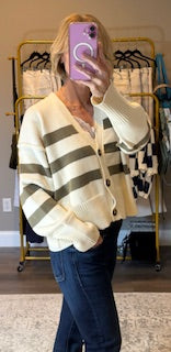 By Together - W1537 | Knit Sweater Striped Button Down Cardigan
