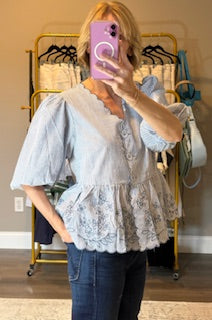 Oddi - Striped Peplum blouse with embroider detail
