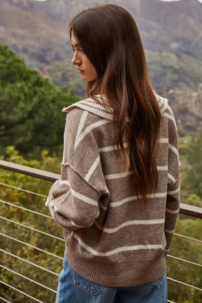 By Together - W1337 | Knit Sweater Striped Collar V-Neck Long Sleeve Top