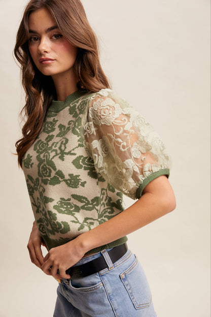 Listicle - Rose Embroidered Contrast Knit Top LSW1038