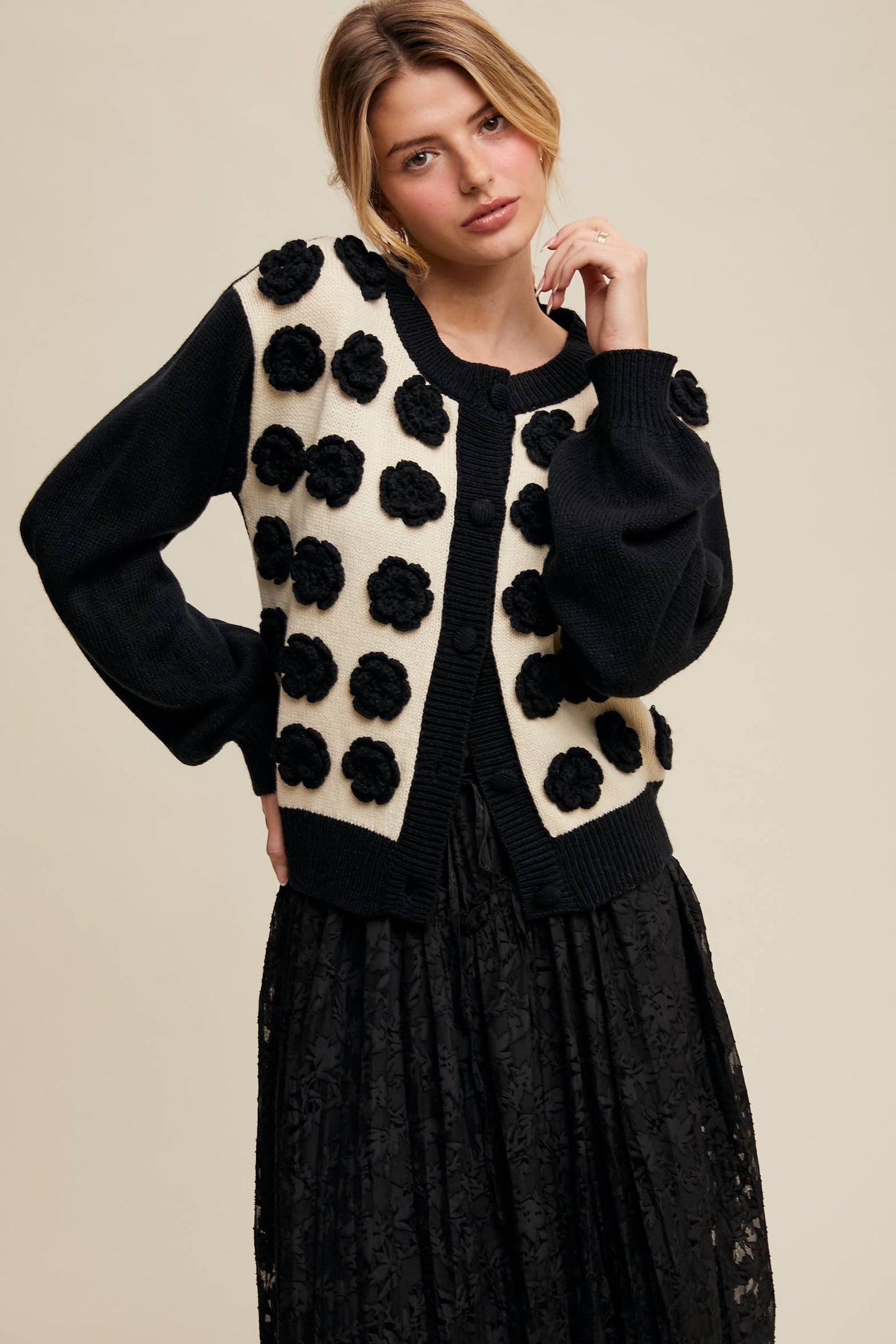 Listicle - Handmade Rose Applique Knit Cardigan