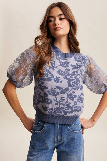 Listicle - Rose Embroidered Contrast Knit Top LSW1038