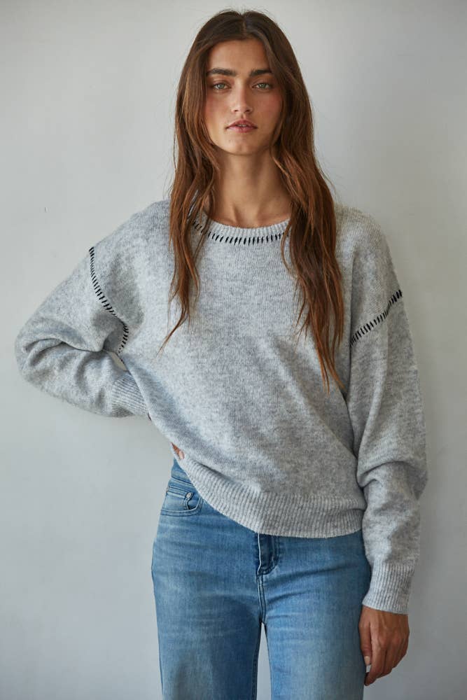 By Together - W2103 | Knit Sweater With Contrast Stitches Detail