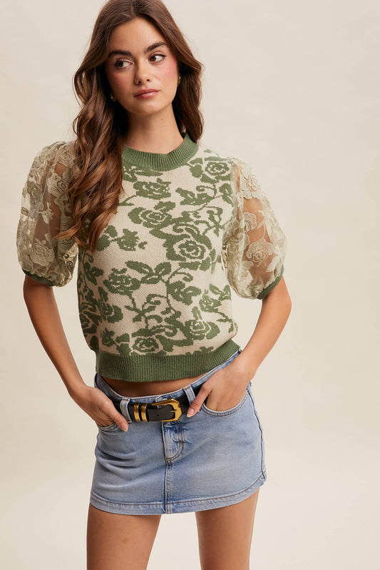 Listicle - Rose Embroidered Contrast Knit Top LSW1038