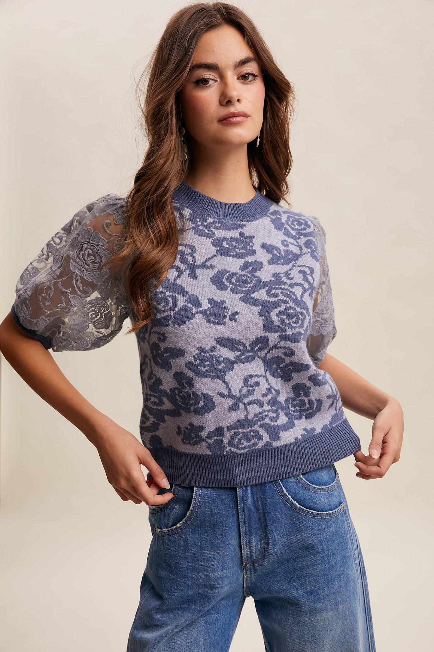 Listicle - Rose Embroidered Contrast Knit Top LSW1038