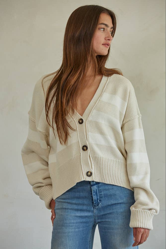 By Together - W1537 | Knit Sweater Striped Button Down Cardigan