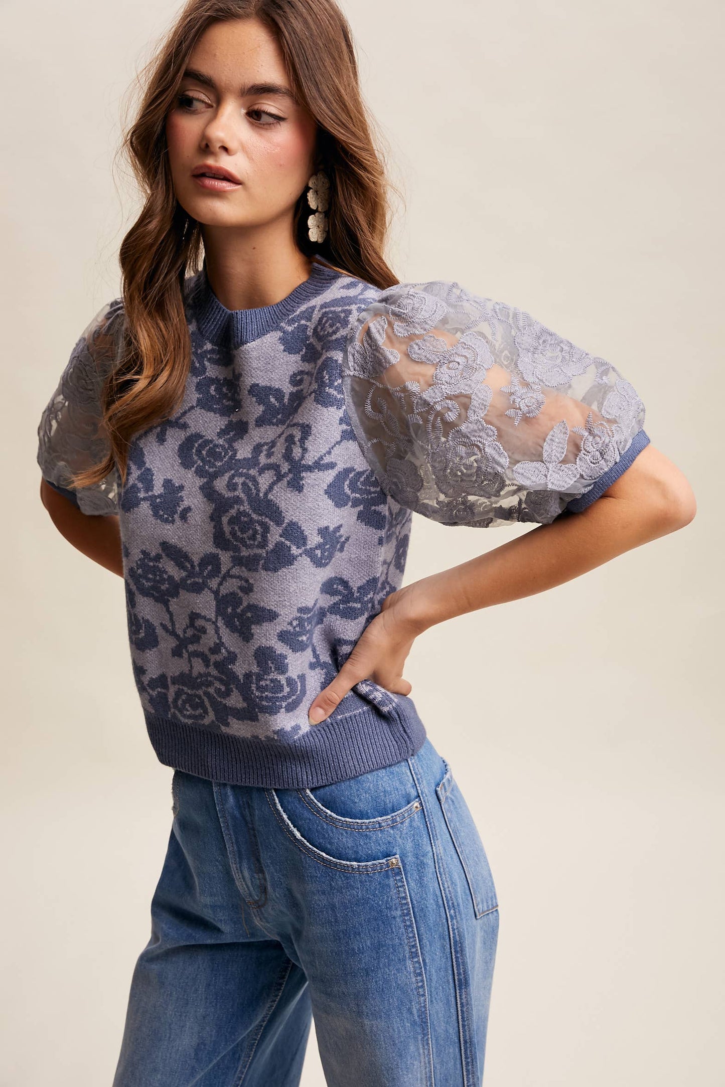 Listicle - Rose Embroidered Contrast Knit Top LSW1038