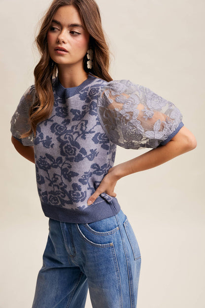 Listicle - Rose Embroidered Contrast Knit Top LSW1038