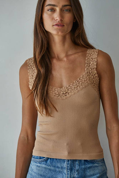 By Together - S1217N | Knit Seamless Ribbed Tank Top with Lace Trim